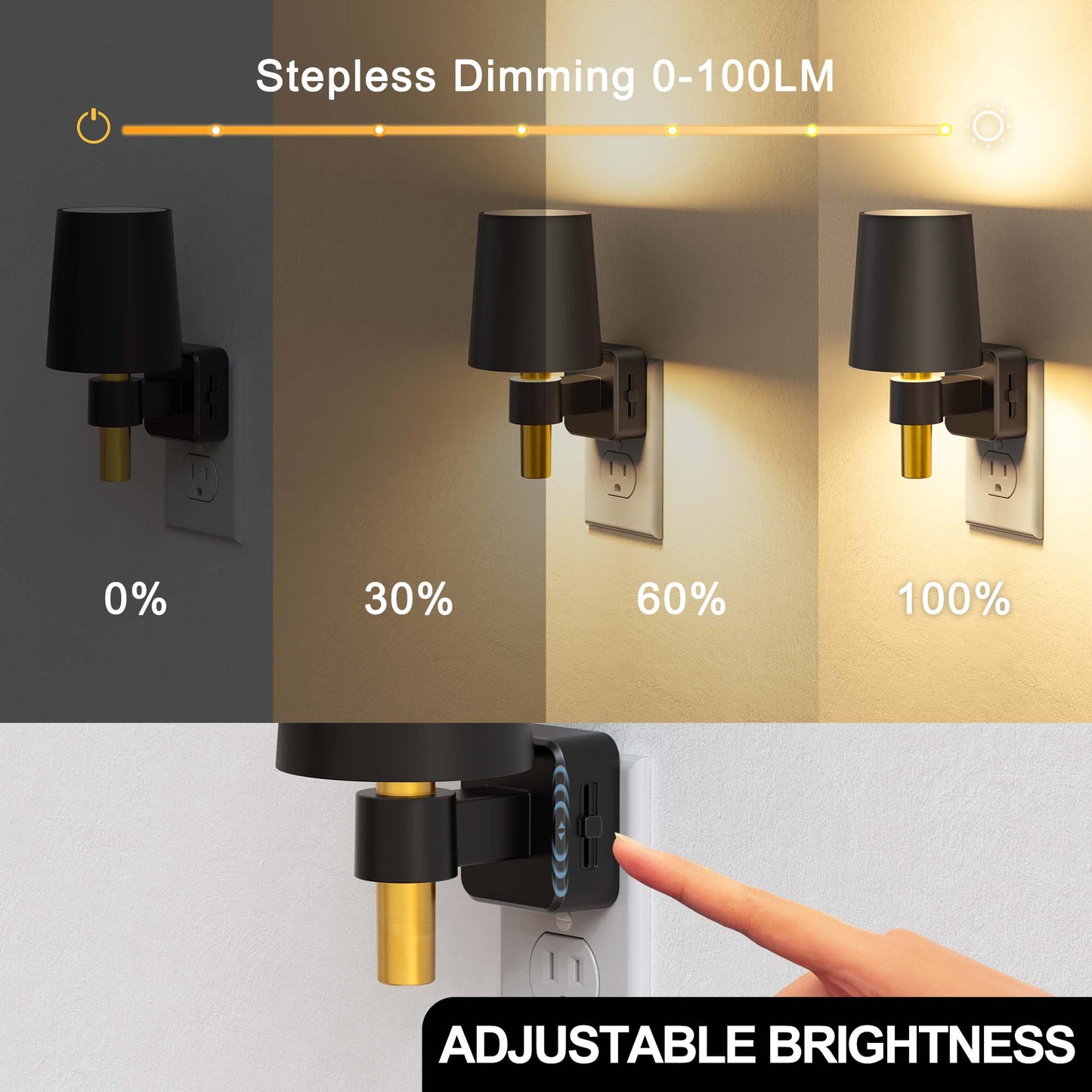 YANSUN 1-Watt Plug-in Dimmable Night Light with Auto Light Control, Up and Down Lighting, Wall Sconce Style, Black Finish 1-Pack