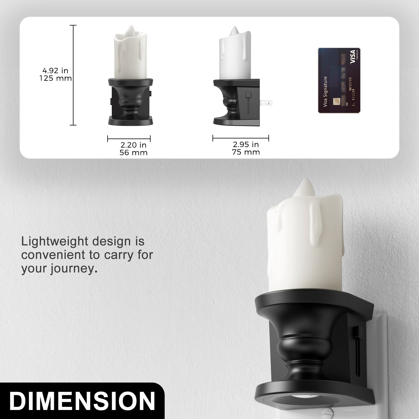 YANSUN 2W Integrated LED Plug-In Night Light, Black Slim Candle Drip, Warm 2700K, Flicker & Up/Down Beam, 2-Pack