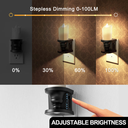 YANSUN 2W Integrated LED Plug-In Night Light, Black Slim Candle Drip, Warm 2700K, Flicker & Up/Down Beam, 2-Pack