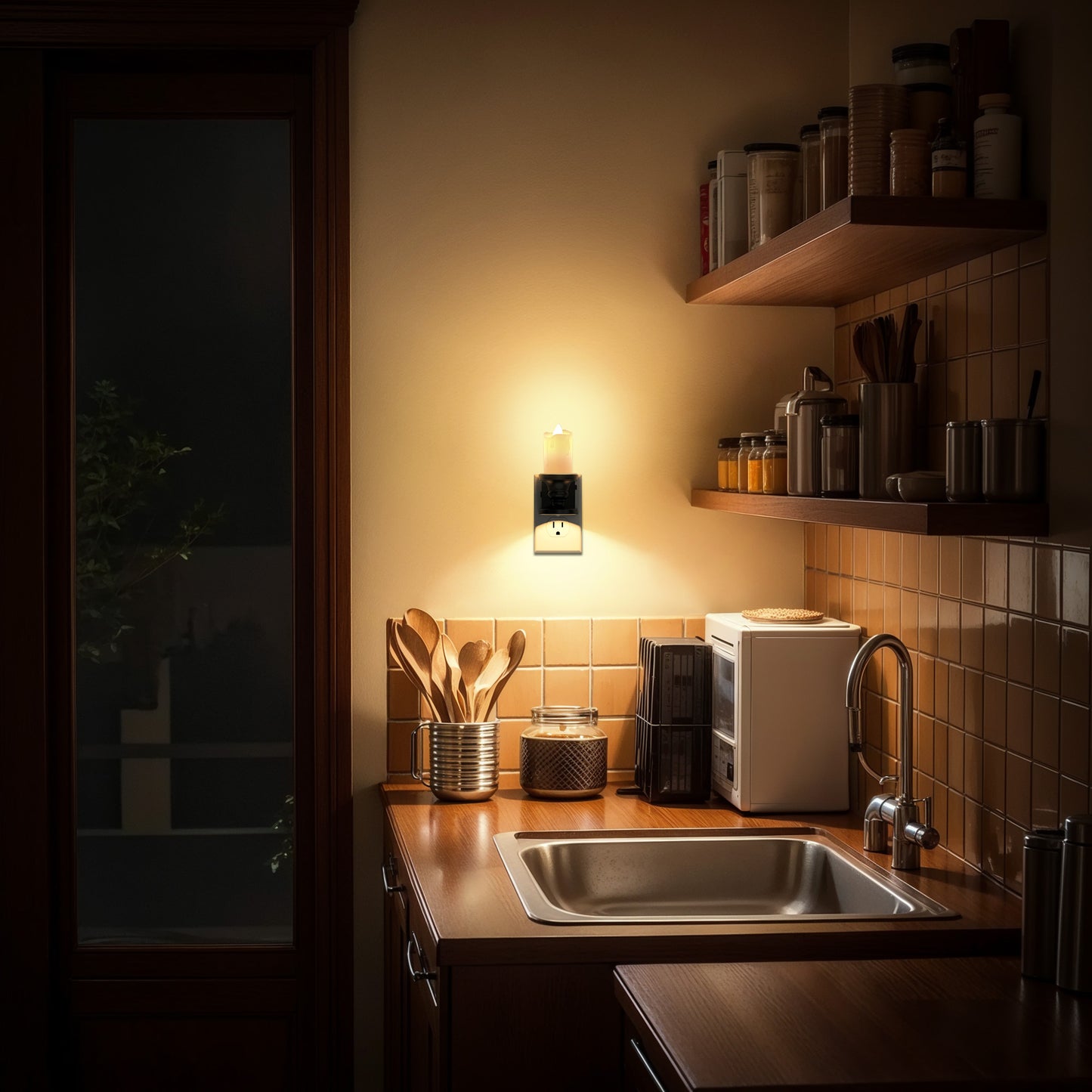 YANSUN 2W Integrated LED Plug-In Night Light, Black Slim Candle Drip, Warm 2700K, Flicker & Up/Down Beam, 2-Pack