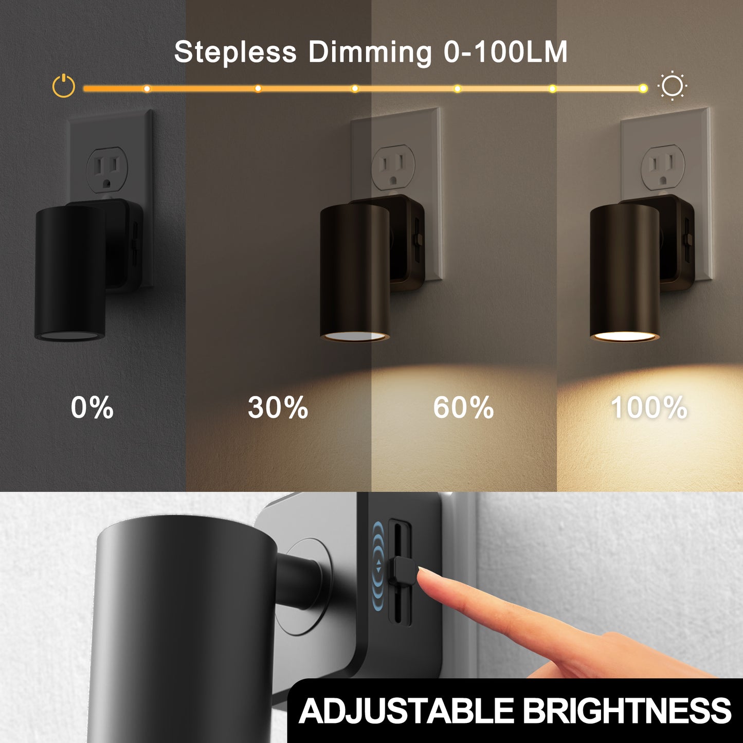 YANSUN 2-Pack 1W Black Plug-In Night Lights, Rotatable Cylinder Design, Warm 3000K Adjustable Dimming, US Plug