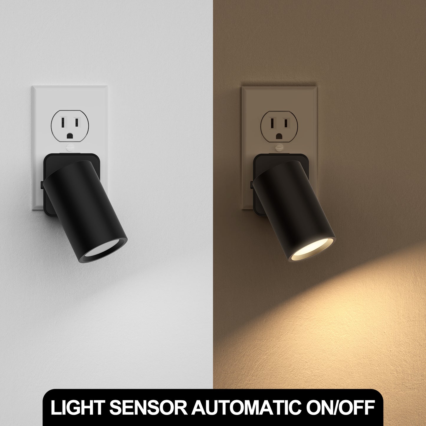 YANSUN 2-Pack 1W Black Plug-In Night Lights, Rotatable Cylinder Design, Warm 3000K Adjustable Dimming, US Plug