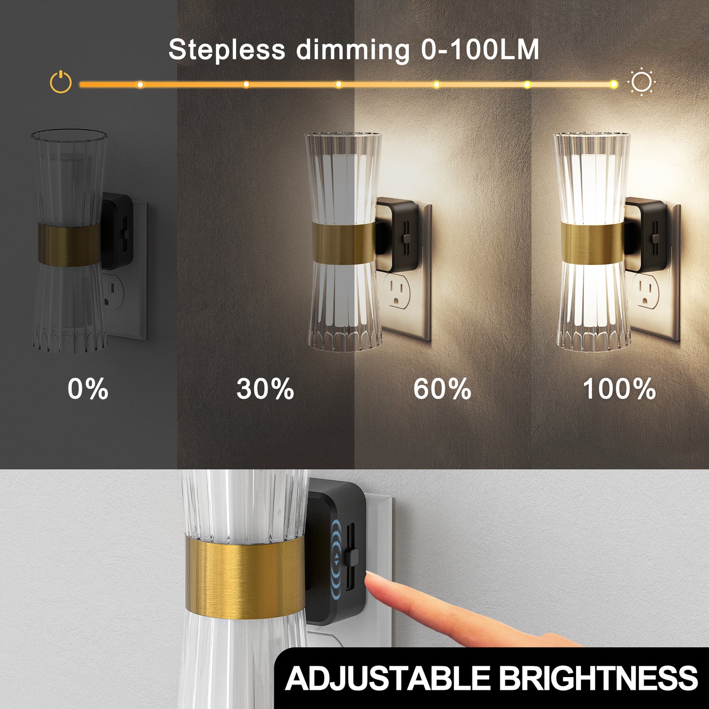 YANSUN 1-Watt Plug-in Light Sensor Night Light with Sliding Dimmer, Warm White 3000K, Black & Copper, 2-Pack