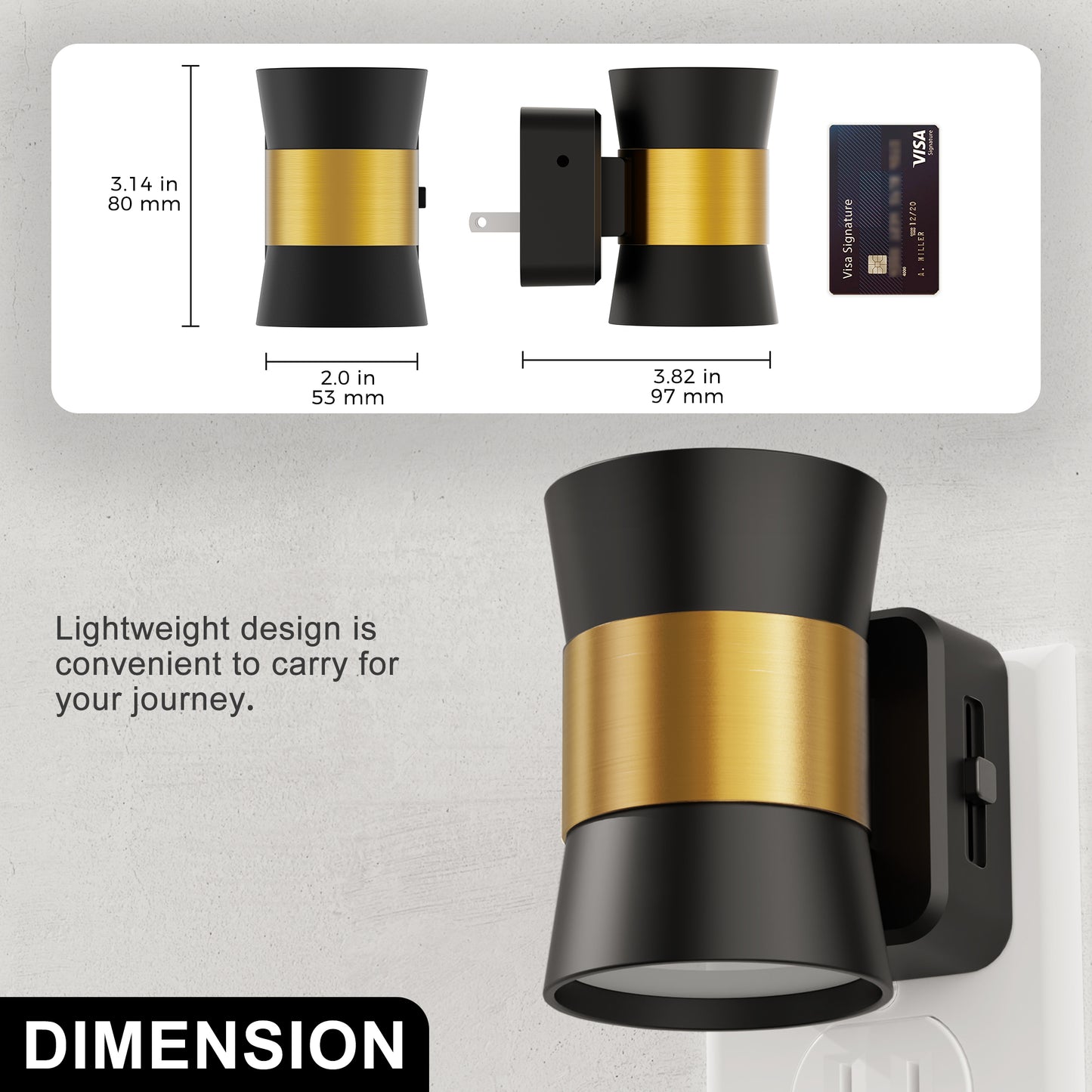 YANSUN 2-Pack 1W Black Plug-In Night Lights, Mini Trumpet Cylinder Design with Gold-Tone Belt, Warm 3000K Dimmable, US Plug