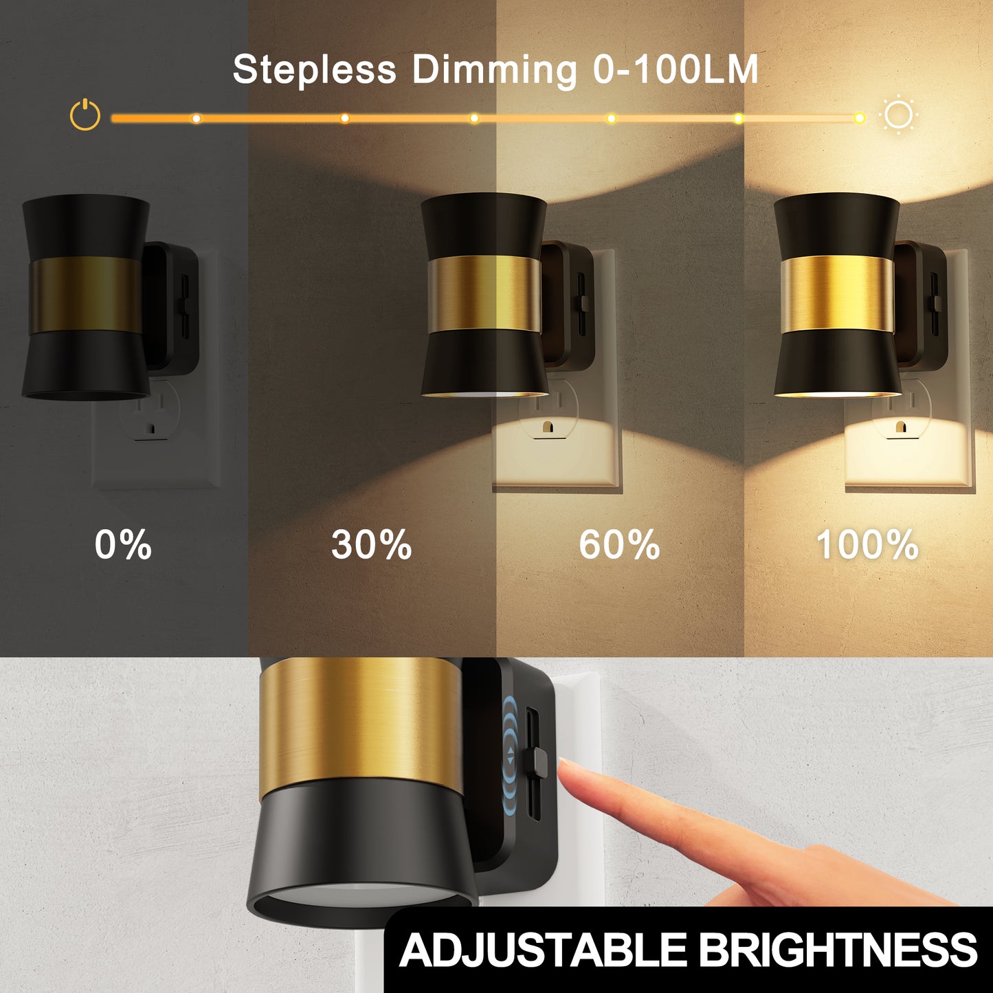 YANSUN 2-Pack 1W Black Plug-In Night Lights, Mini Trumpet Cylinder Design with Gold-Tone Belt, Warm 3000K Dimmable, US Plug