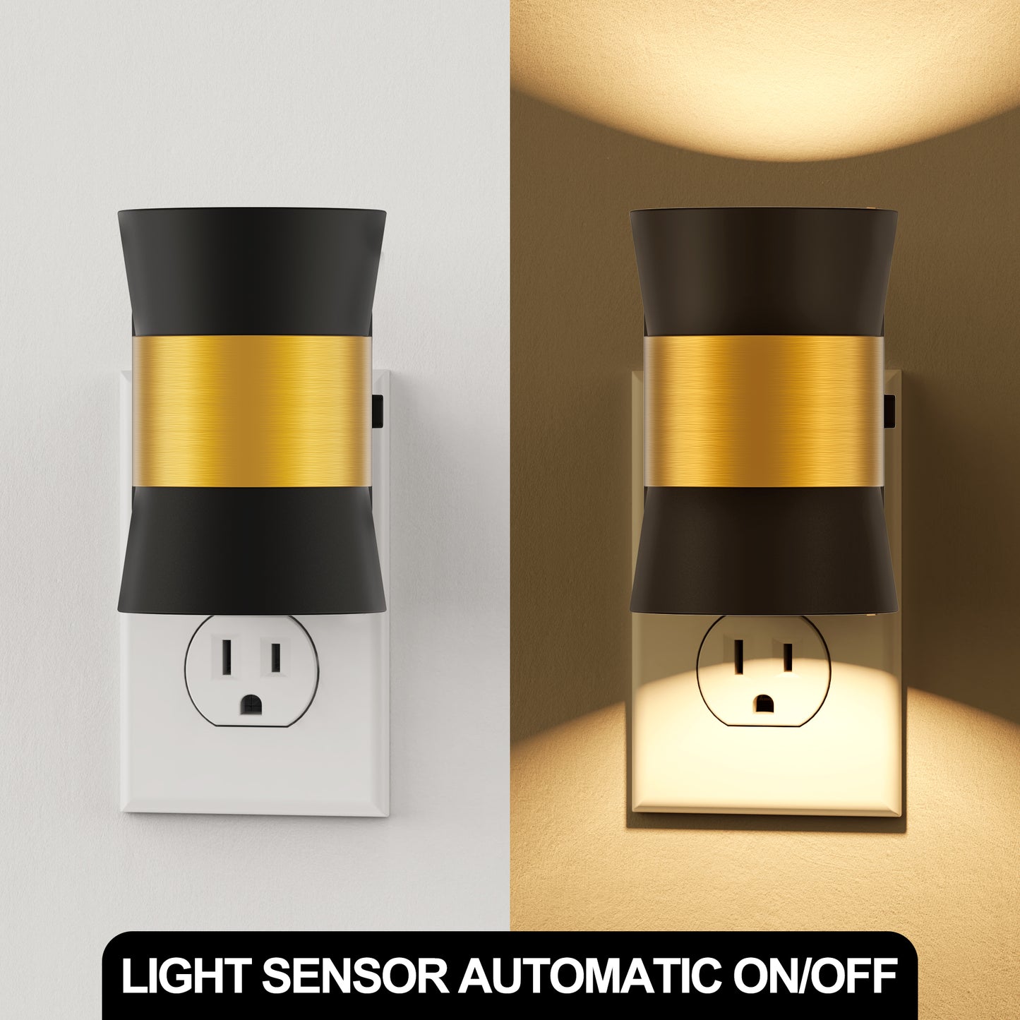 YANSUN 2-Pack 1W Black Plug-In Night Lights, Mini Trumpet Cylinder Design with Gold-Tone Belt, Warm 3000K Dimmable, US Plug