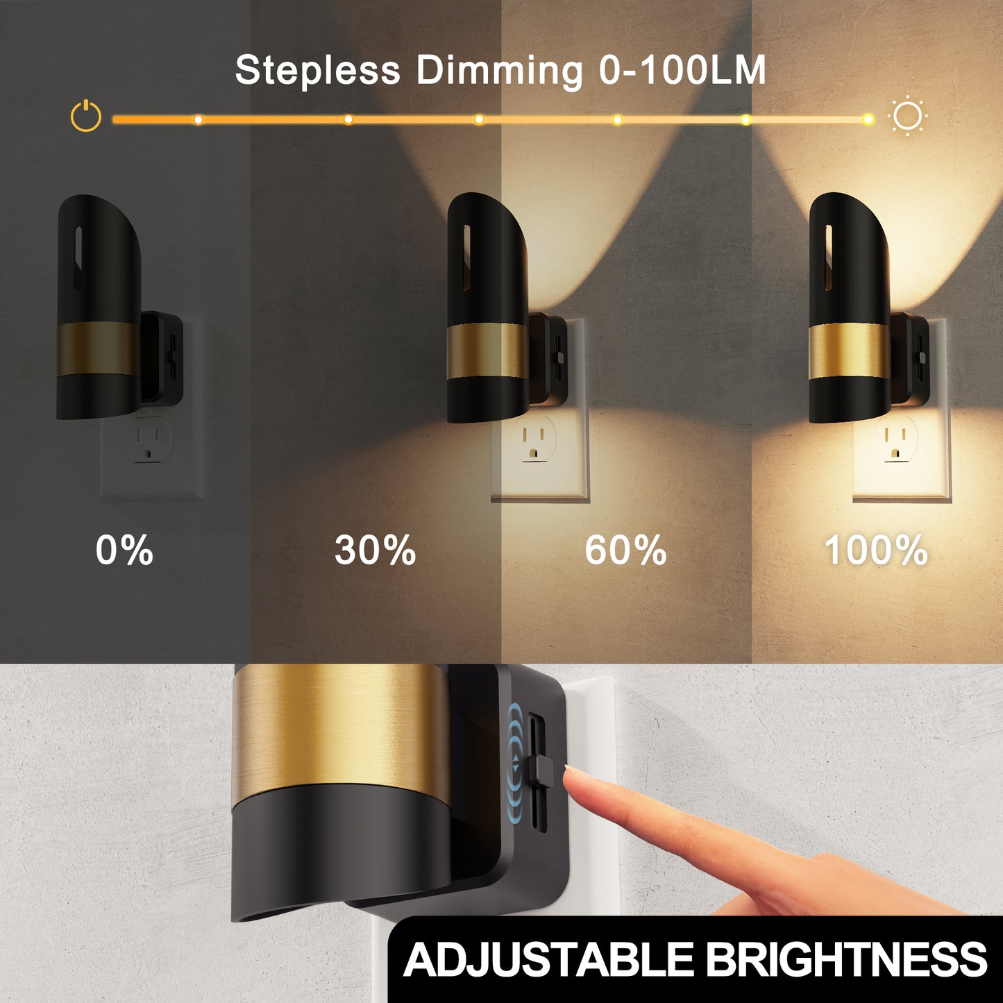 YANSUN 2-Pack 1W Black Plug-In Bamboo Hollow Cylinder Night Lights with Gold-Tone Belt, Warm 3000K Dimmable, US Plug