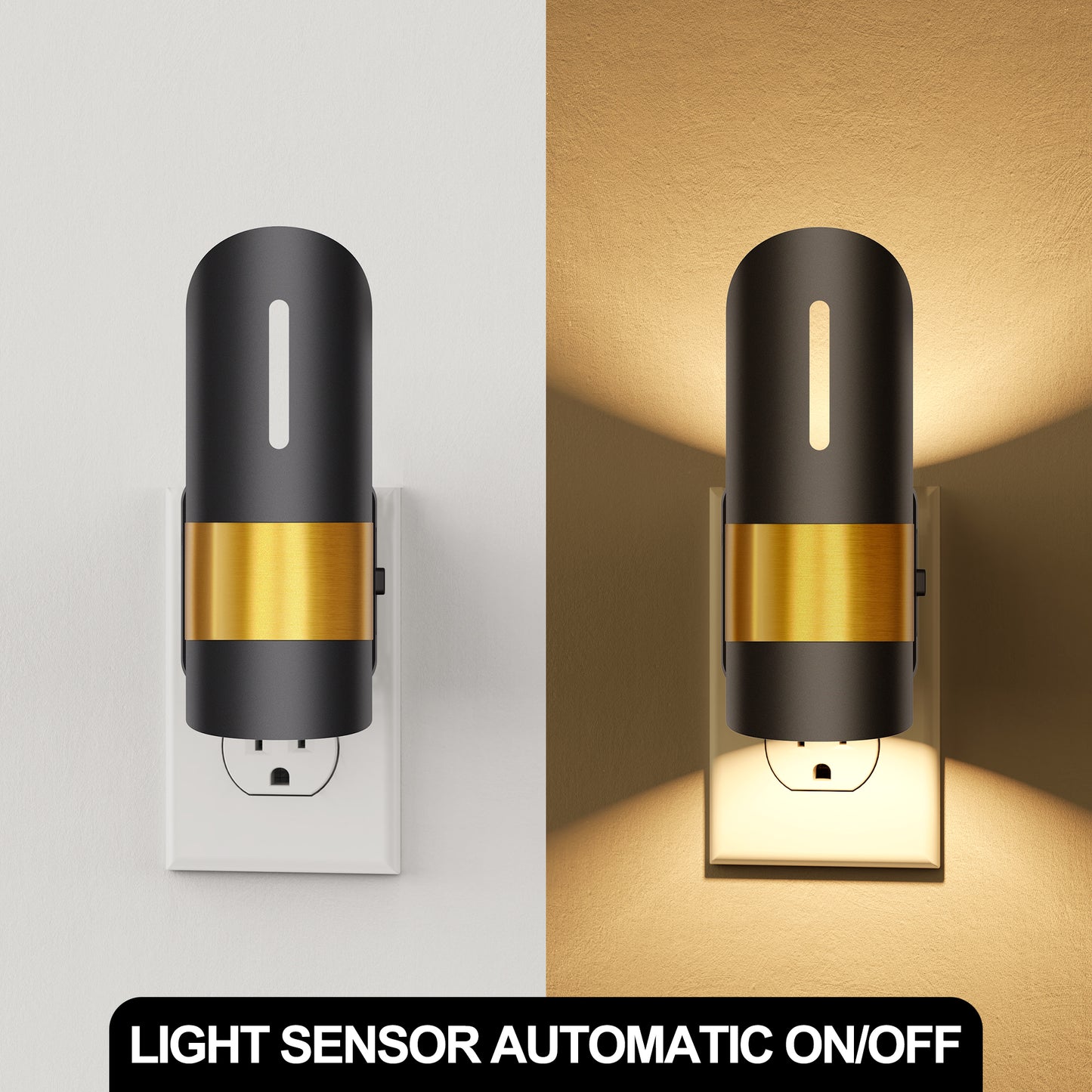YANSUN 2-Pack 1W Black Plug-In Bamboo Hollow Cylinder Night Lights with Gold-Tone Belt, Warm 3000K Dimmable, US Plug