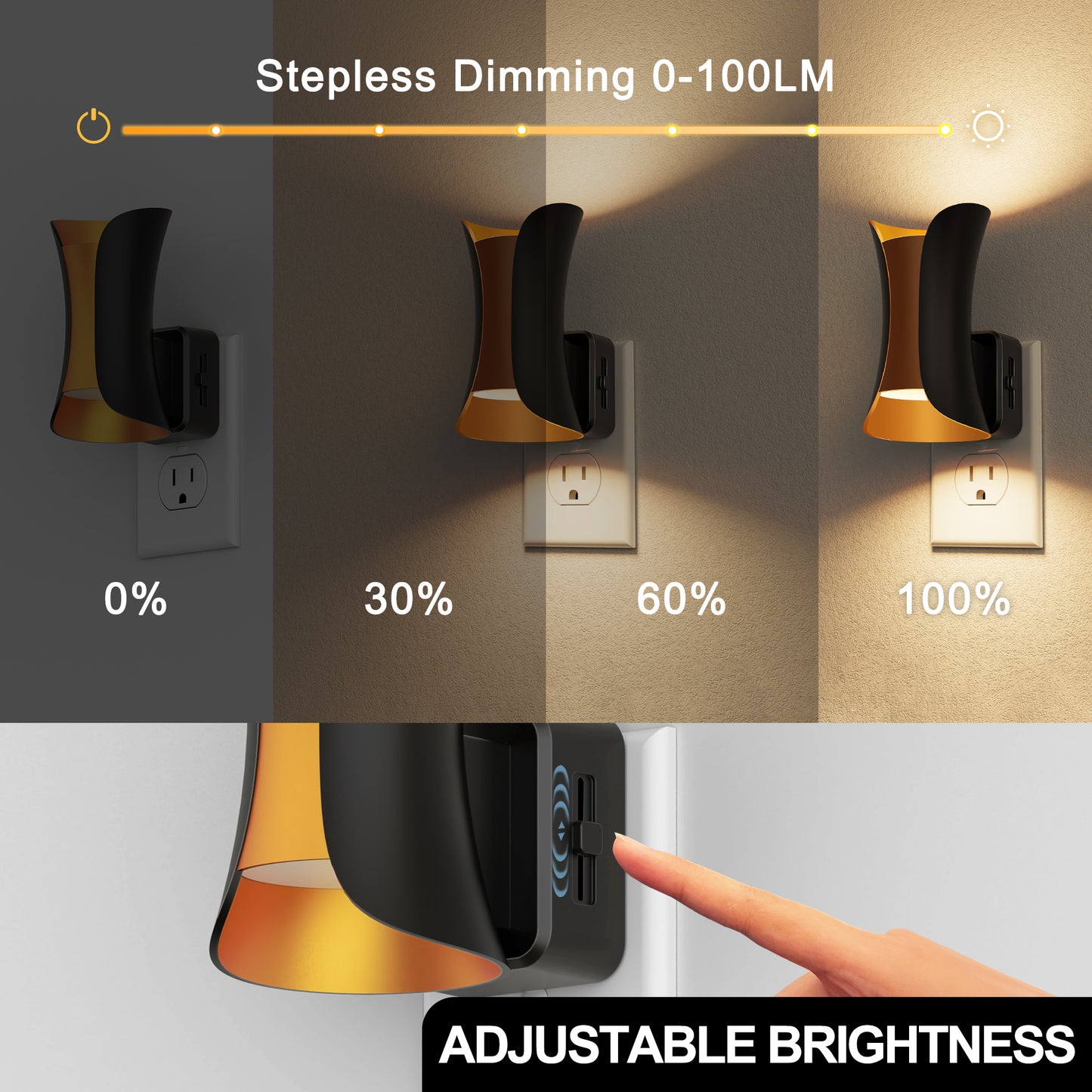 YANSUN 2-Pack 1W LED Plug-In Night Light with Hourglass Waist Design, Up/Down Light, Adjustable Slide Dimmer 0%-100%, Warm 3000K