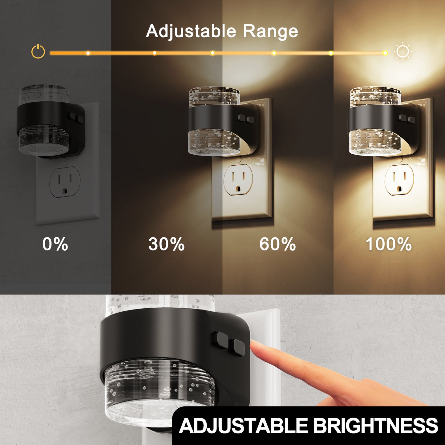 YANSUN 2-Pack Plug-in Dusk to Dawn Night Light, Bubble Acrylic Up & Down Lighting, 3CCT 3000K/4000K/5000K, 3-Level Dimmable, Black, US 3-Prong Plug