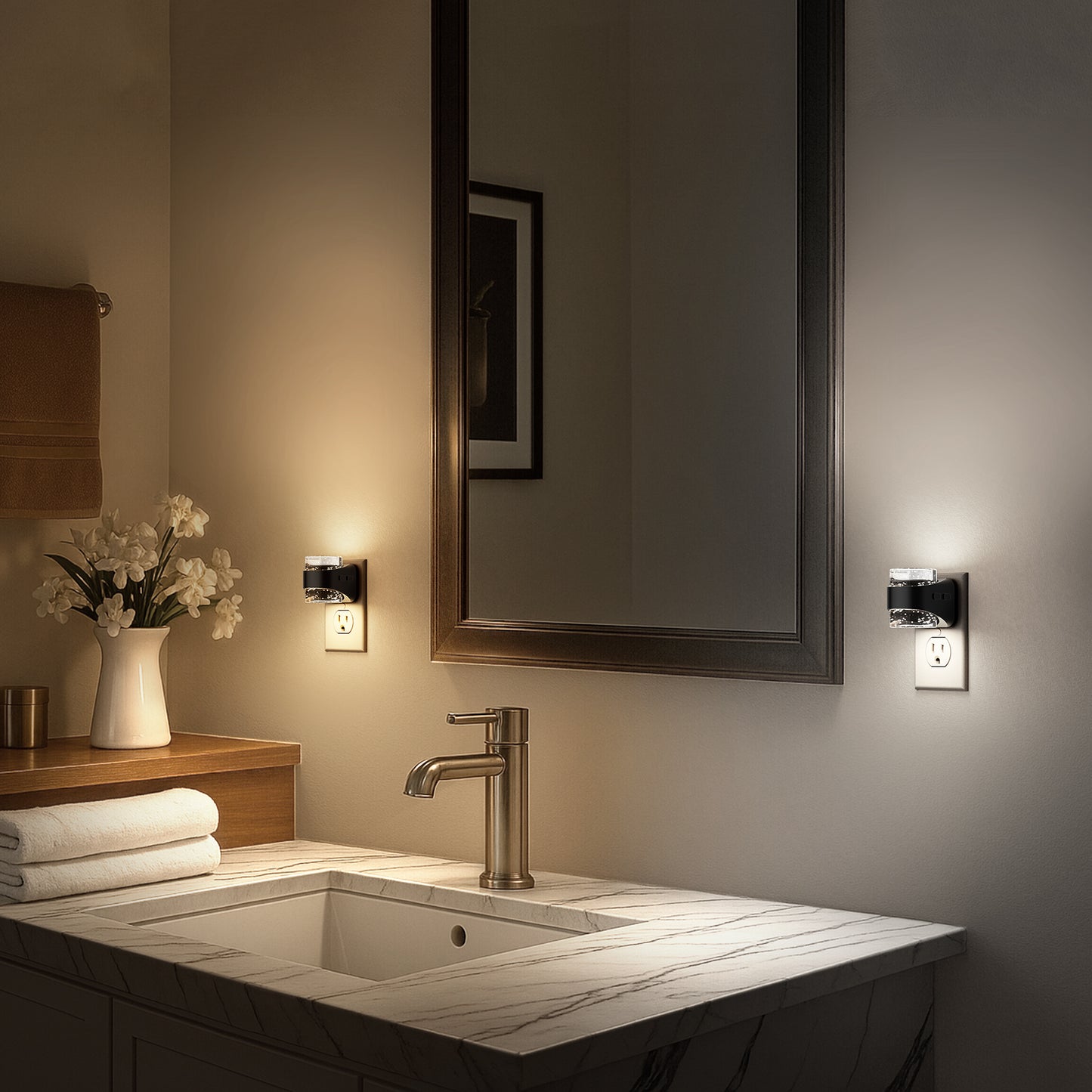 YANSUN 2-Pack Plug-in Dusk to Dawn Night Light, Bubble Acrylic Up & Down Lighting, 3CCT 3000K/4000K/5000K, 3-Level Dimmable, Black, US 3-Prong Plug