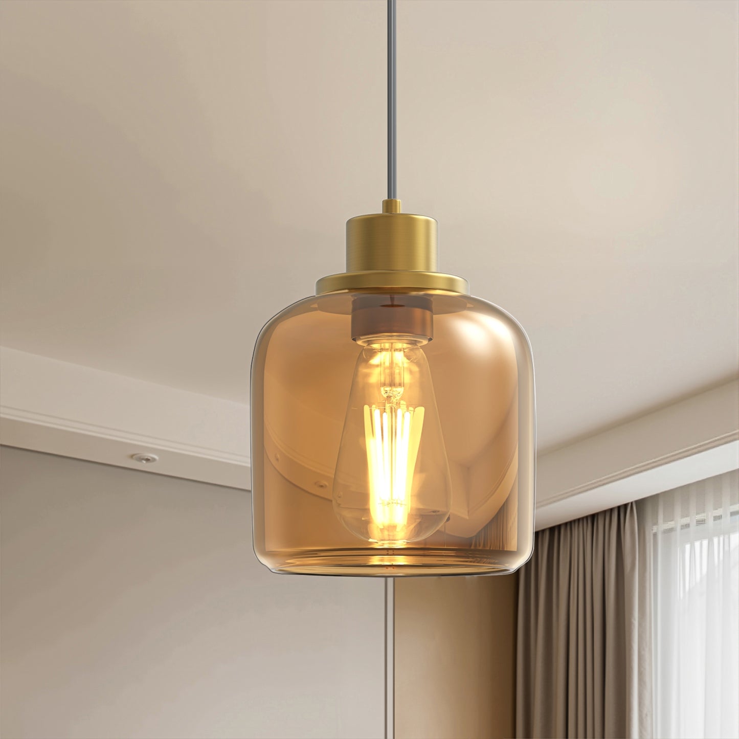 YANSUN 1-Light Traditional Pendant Light with Rounded Amber Glass Shade and Copper-Plated Metal Finish, No Bulbs Included