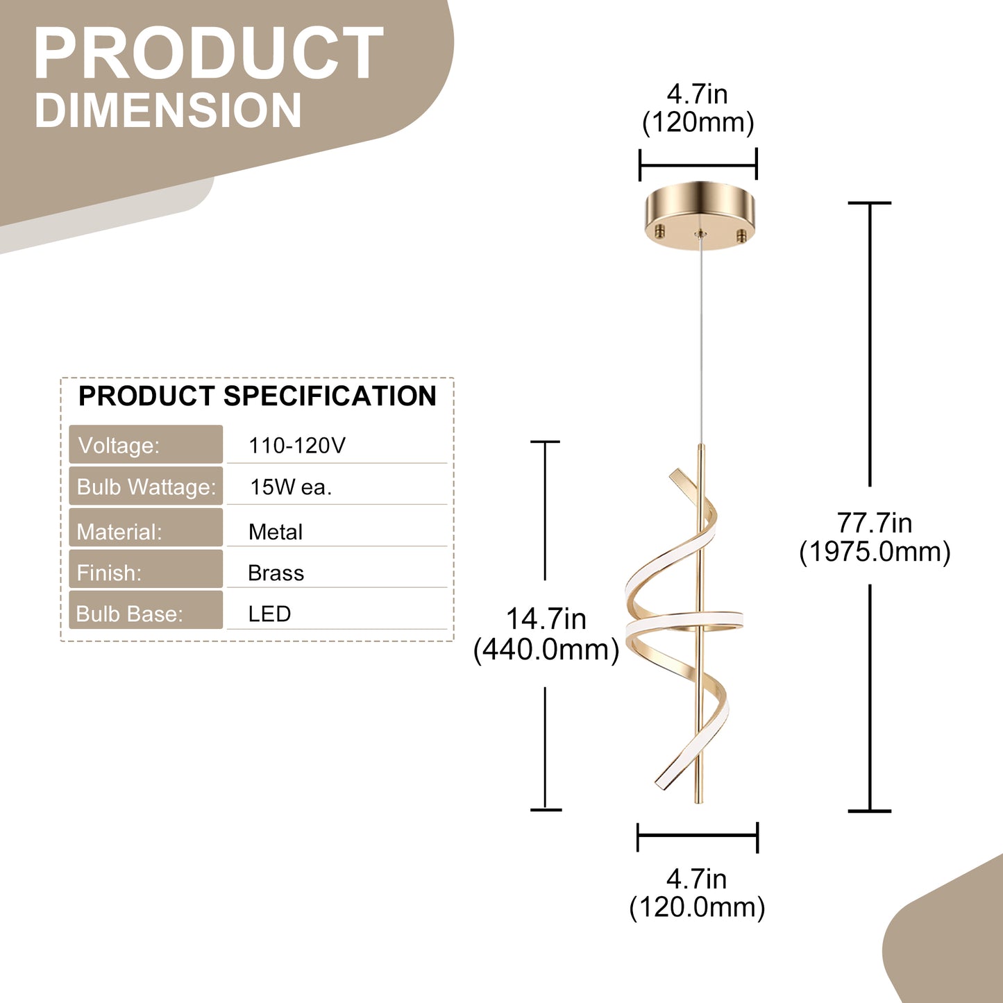 YANSUN 1-Light Copper Modern Spiral Tube Pendant Light, 18-Watt Integrated LED, 1440LM, 6000K, Minimalist Hanging Ceiling Light