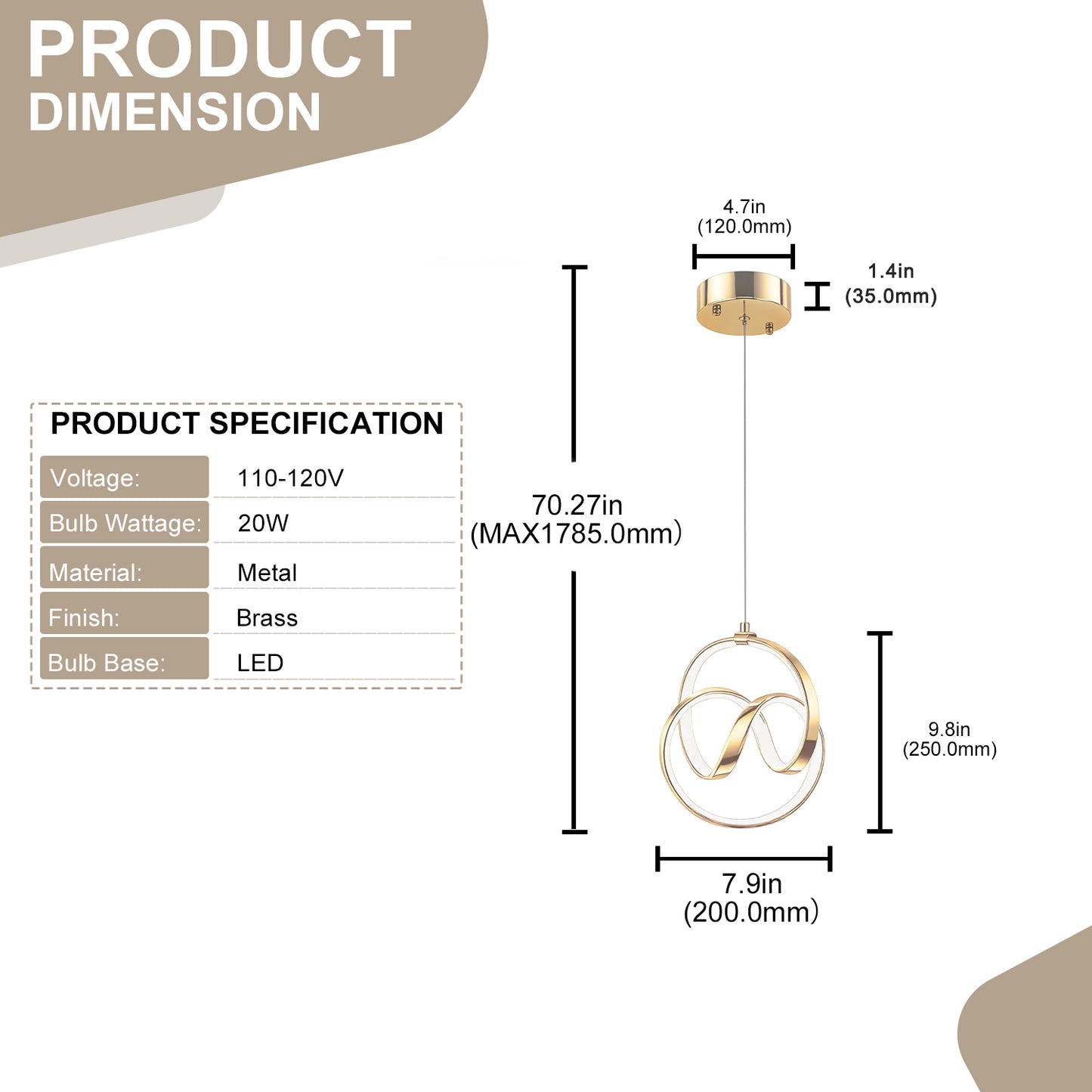 YANSUN 1-Light Copper Spiral Tube Pendant Light with Circular "Eight" Design, 24W Integrated LED Hanging Light 6000K Daylight