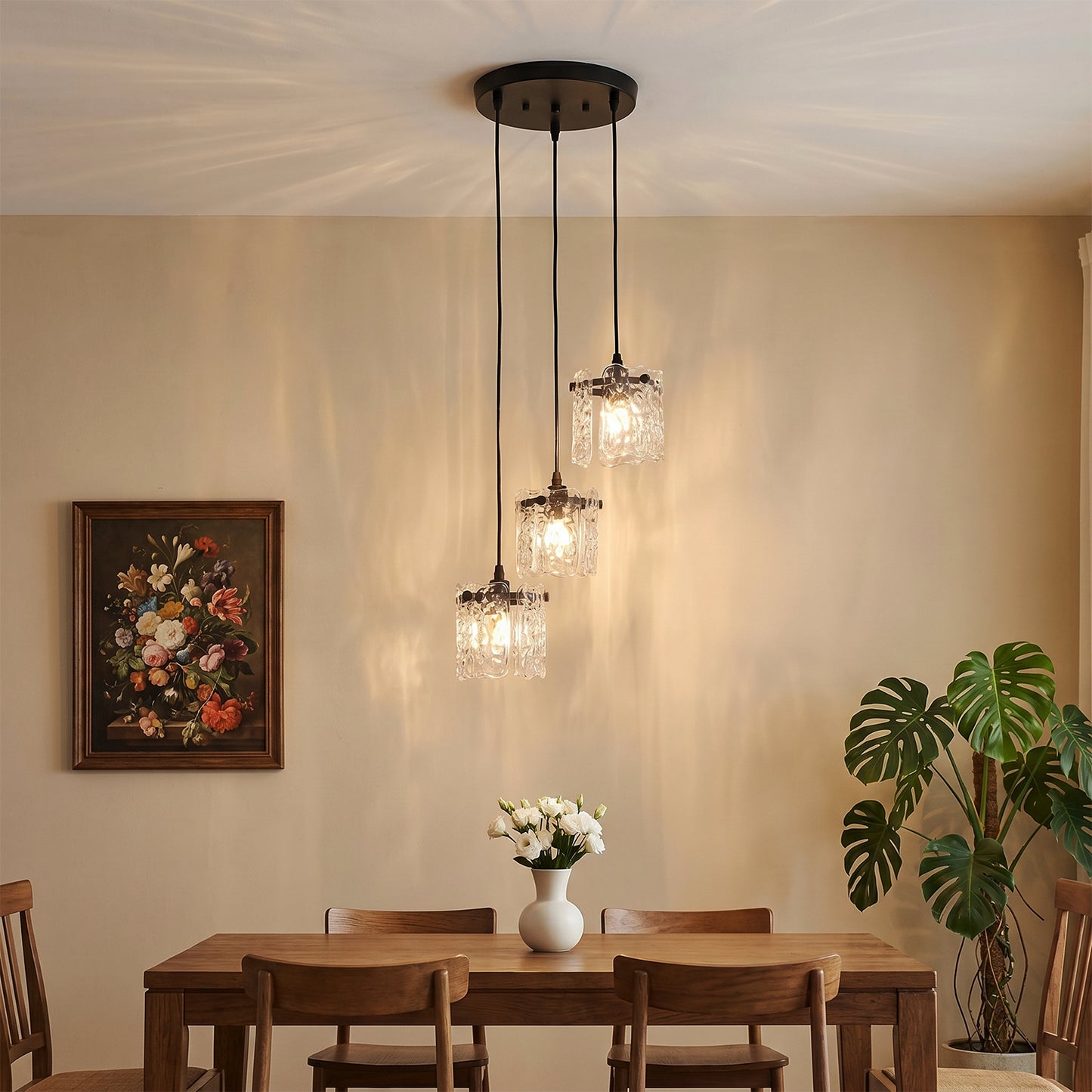 YANSUN 12.6 in 3-Light Cluster Black Powder-Coated Metal Frame Pendant Light with Clear Glass Shades, E12 Base