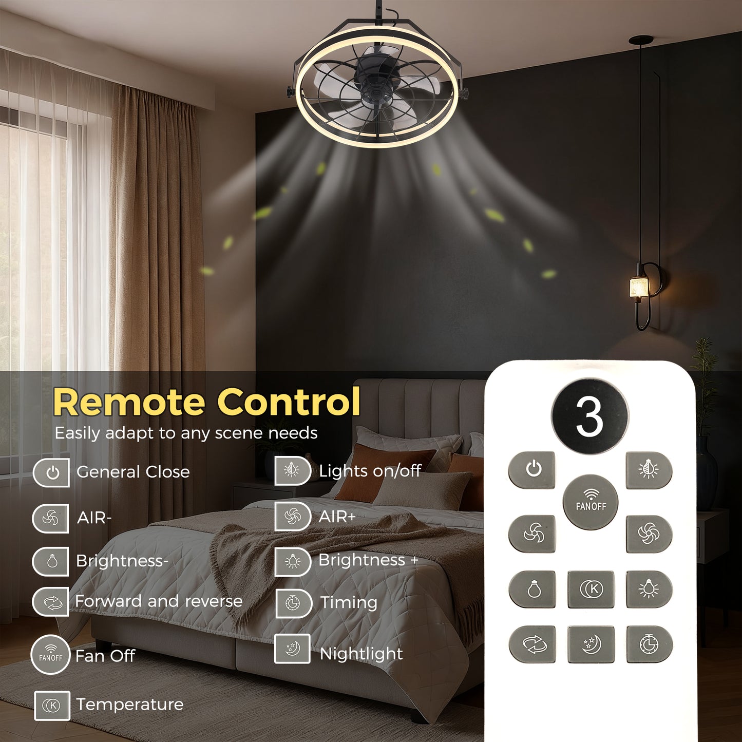 YANSUN 20 in 5-Blade Dual Mount Fan Light with Remote Control, Black, 110-220V, Hardwired