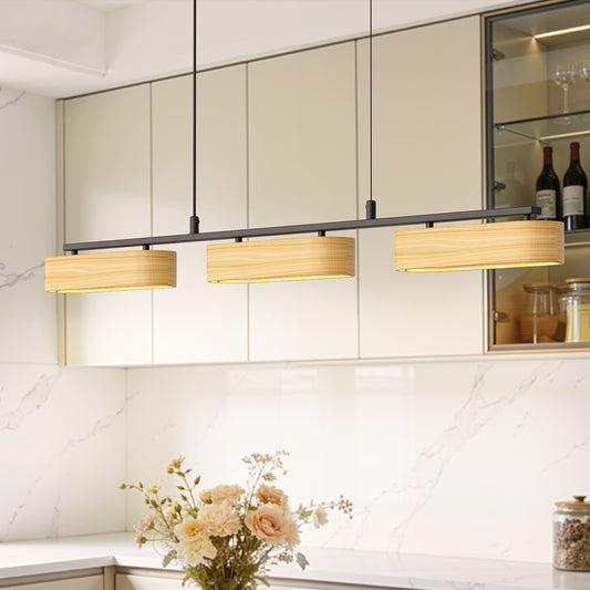 YANSUN 3-Light Farmhouse LED Island Pendant 37.6 in. Matte Black Metal with Oval Wood Shades Dimmable Color Temp 3000-6000K