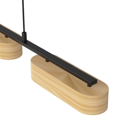 YANSUN 3-Light Farmhouse LED Island Pendant 37.6 in. Matte Black Metal with Oval Wood Shades Dimmable Color Temp 3000-6000K