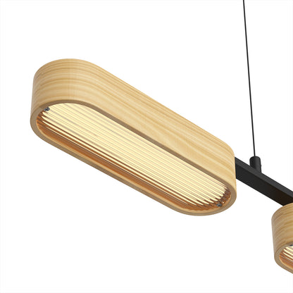 YANSUN 3-Light Farmhouse LED Island Pendant 37.6 in. Matte Black Metal with Oval Wood Shades Dimmable Color Temp 3000-6000K