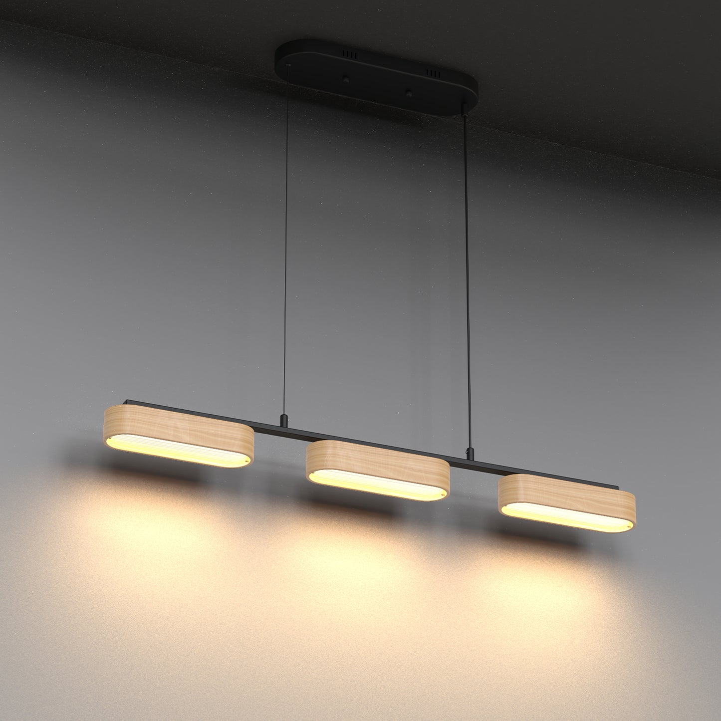 YANSUN 3-Light Farmhouse LED Island Pendant 37.6 in. Matte Black Metal with Oval Wood Shades Dimmable Color Temp 3000-6000K