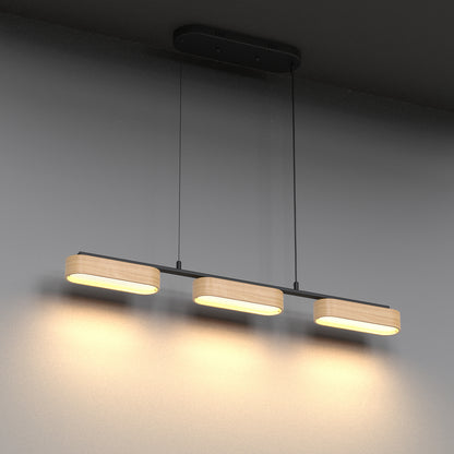 YANSUN 3-Light Farmhouse LED Island Pendant 37.6 in. Matte Black Metal with Oval Wood Shades Dimmable Color Temp 3000-6000K