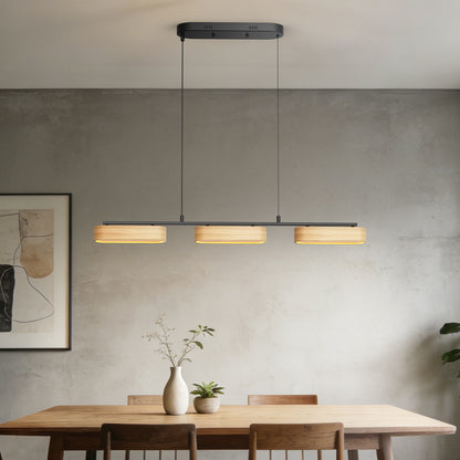 YANSUN 3-Light Farmhouse LED Island Pendant 37.6 in. Matte Black Metal with Oval Wood Shades Dimmable Color Temp 3000-6000K