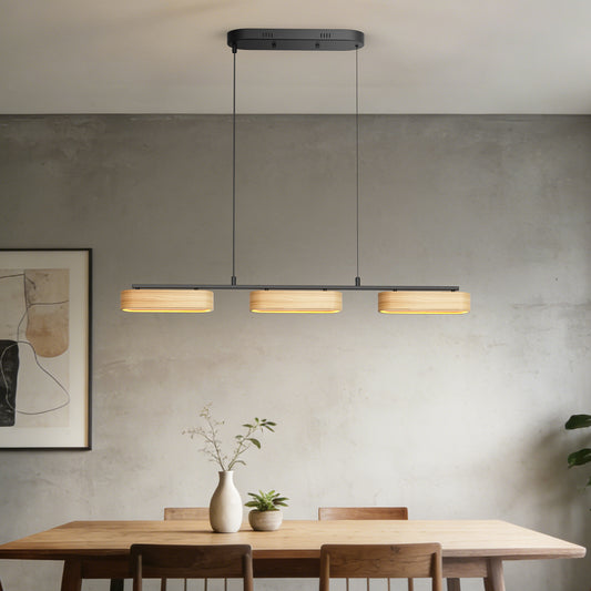 YANSUN 3-Light Farmhouse LED Island Pendant 37.6 in. Matte Black Metal with Oval Wood Shades Dimmable Color Temp 3000-6000K