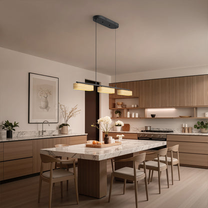 YANSUN 3-Light Farmhouse LED Island Pendant 37.6 in. Matte Black Metal with Oval Wood Shades Dimmable Color Temp 3000-6000K