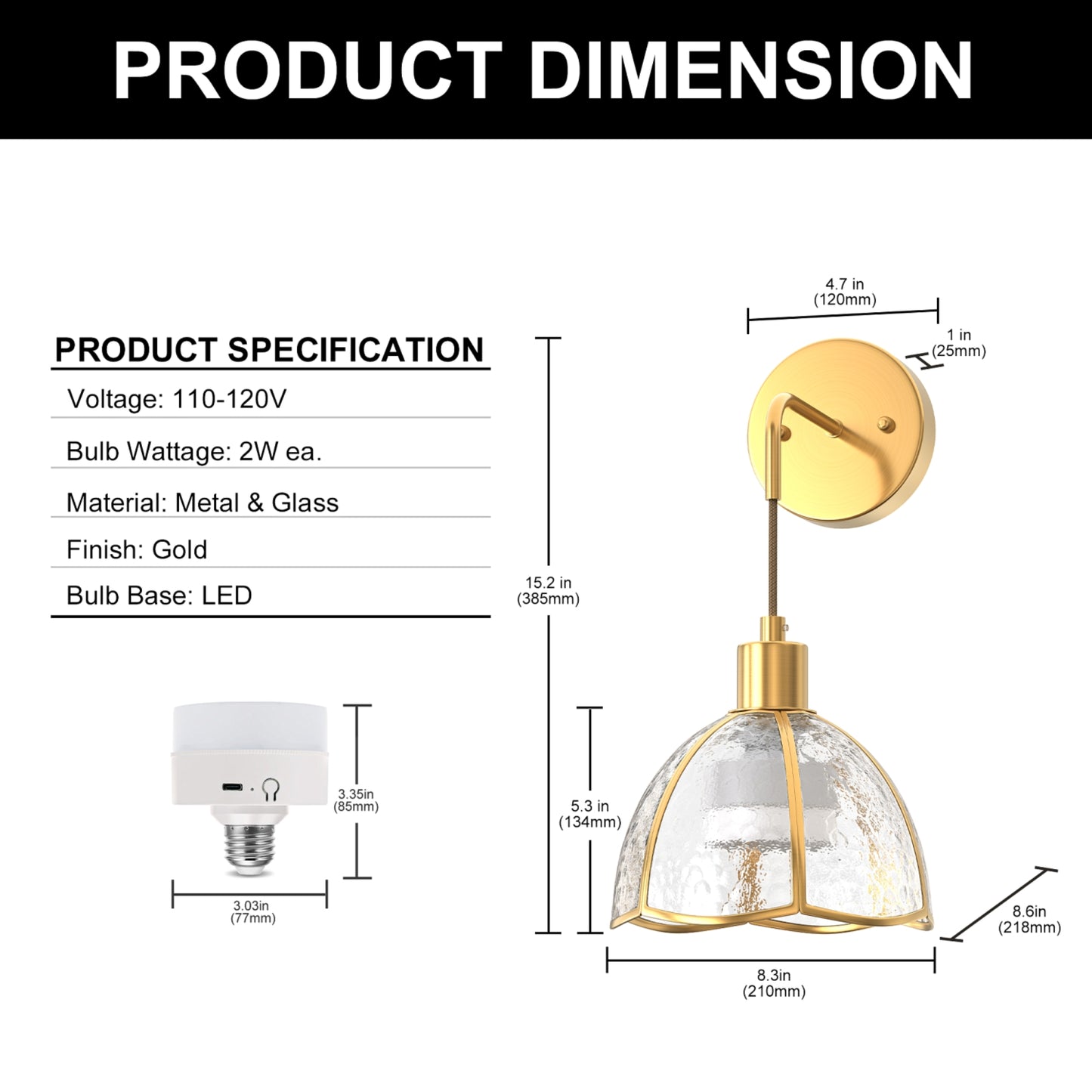 YANSUN 7.3 in. 1 Light Copper Plated Traditional Smart Home Wall Sconce with Dome Clear Segmented Glass Shade (2-Pack)