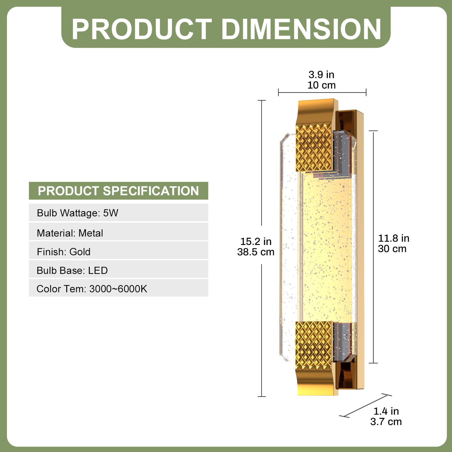 YANSUN Wall Sconce with Bubble Crystal Column, French Gold Finish, Integrated LED Adjustable Color Temperature, 15.7-Inch