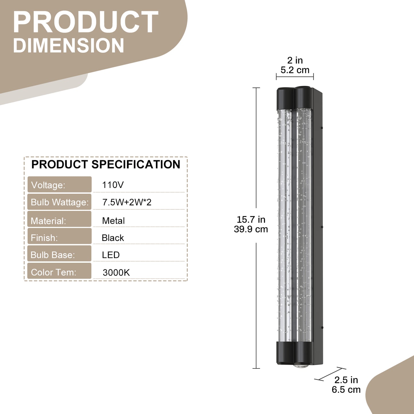 YANSUN Wall Sconce with Multi-Faceted Bubble Columns, Sand Black Finish, Integrated LED 3000K, Modern Design, 15.7-Inch