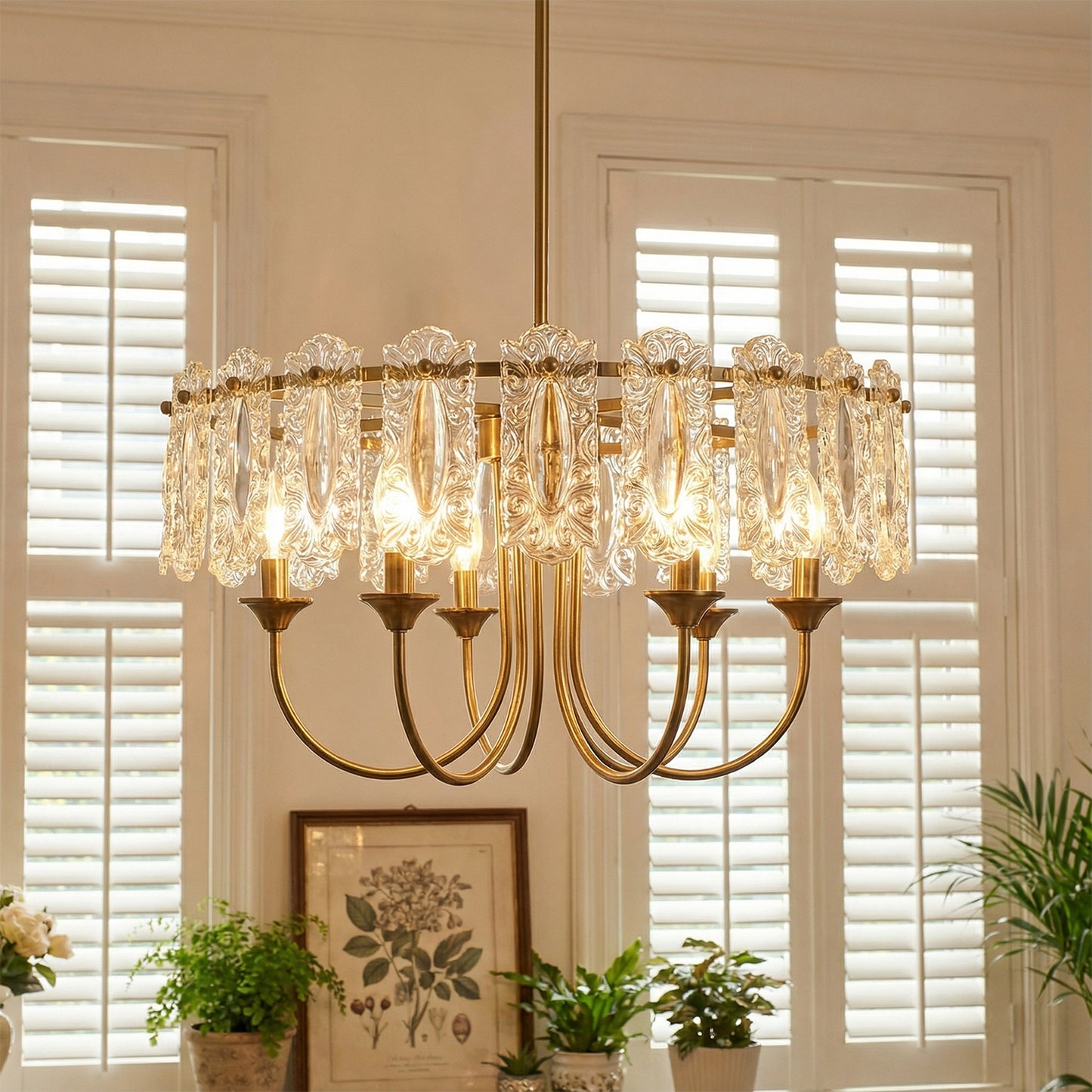 YANSUN Modern 6 Light Natural Copper Chandelier with Clear Glass Drops Shade, No Bulbs Included for Kitchen Island