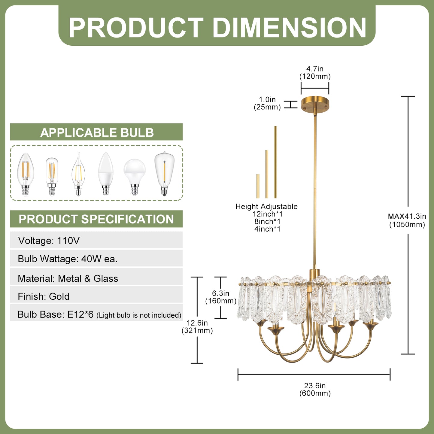 YANSUN Modern 6 Light Natural Copper Chandelier with Clear Glass Drops Shade, No Bulbs Included for Kitchen Island