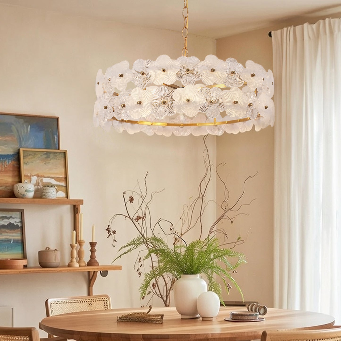 YANSUN 19.7 in. 6-Light Brass Drum Integrated LED Chandelier with Frosted Glass Panels, Modern E12 Pendant Light Fixture