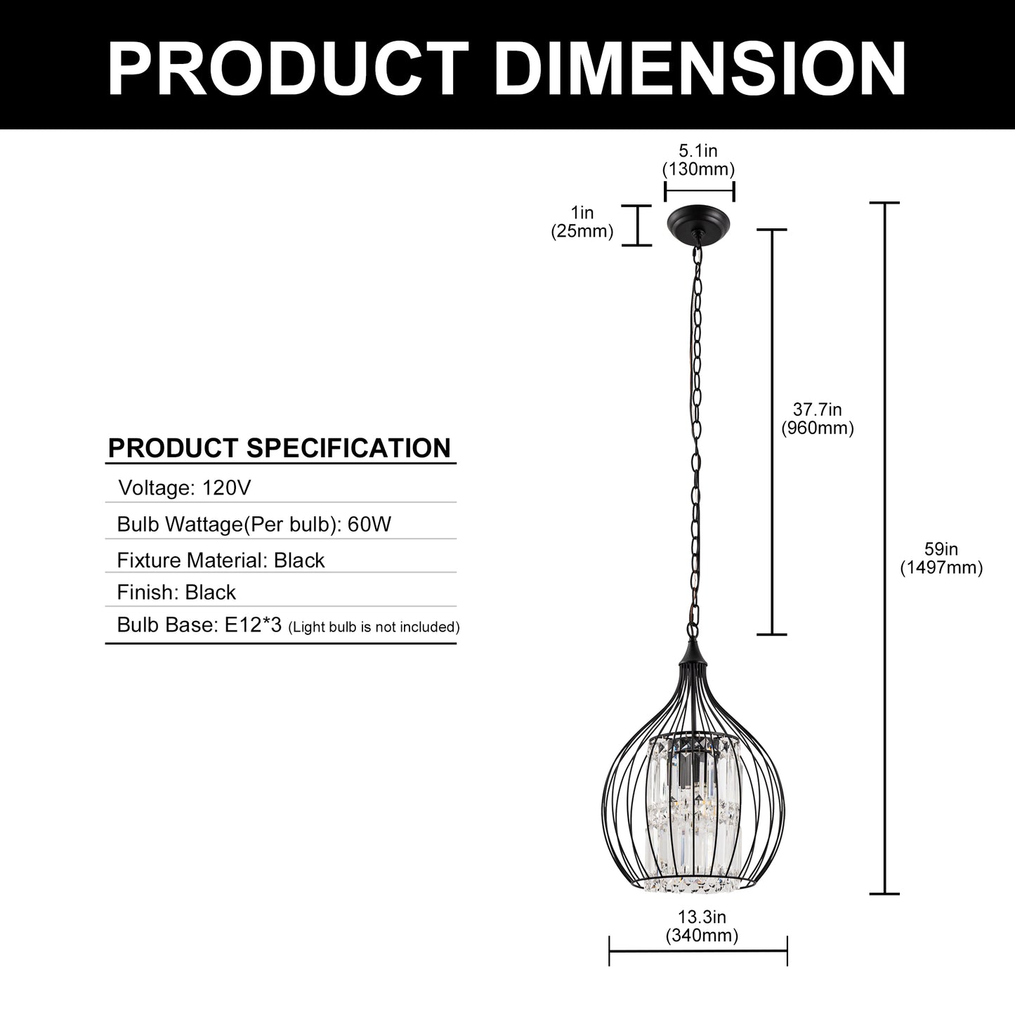 YANSUN 3-Light Matte Black Teardrop Cage Pendant Light with E12 Base, Industrial Hanging Fixture for Dining Room and Kitchen