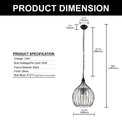 YANSUN 3-Light Matte Black Teardrop Cage Pendant Light with E12 Base, Industrial Hanging Fixture for Dining Room and Kitchen