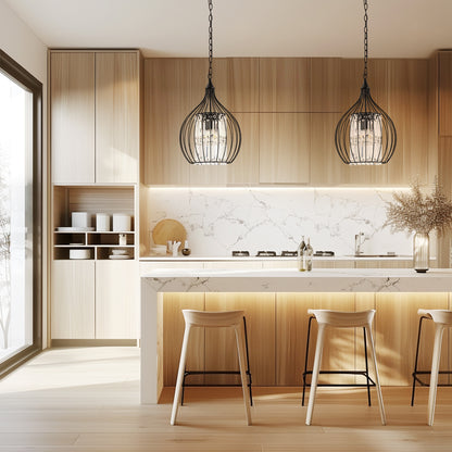 YANSUN 3-Light Matte Black Teardrop Cage Pendant Light with E12 Base, Industrial Hanging Fixture for Dining Room and Kitchen