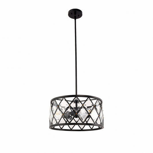 YANSUN 3-Light Black Geometric Pendant Light with Drum Crystal Shade E26 and for Dining Room or Kitchen (Bulbs No Included)