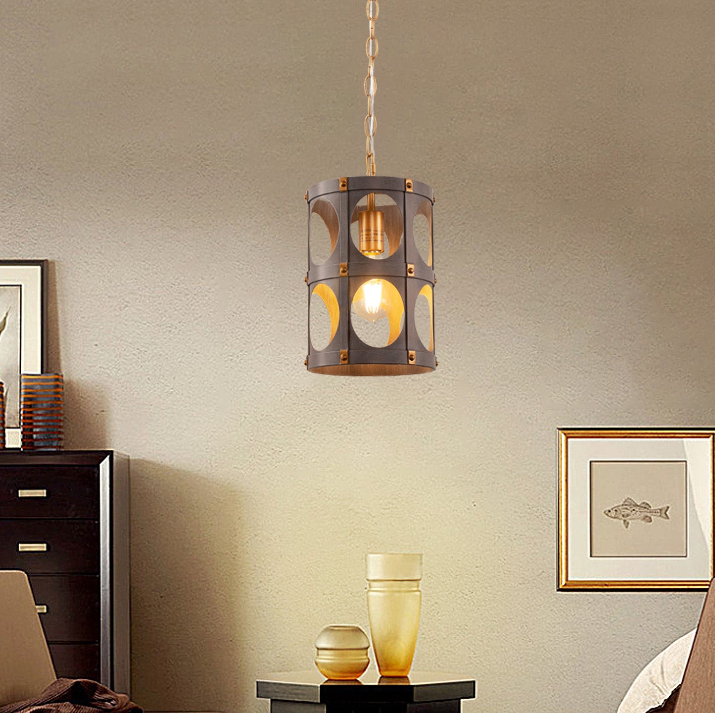 YANSUN 1-Light Wood Grain Pendant Light with Gold Rivet Accent Modern Hanging Ceiling Light E26 for Kitchen Dining Room Bedroom