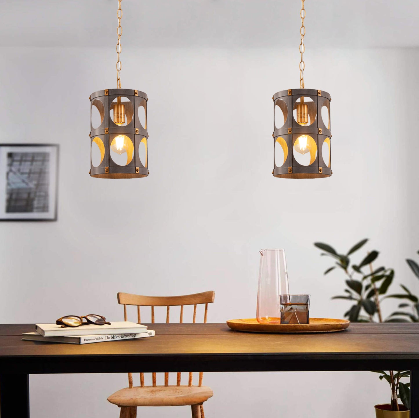 YANSUN 1-Light Wood Grain Pendant Light with Gold Rivet Accent Modern Hanging Ceiling Light E26 for Kitchen Dining Room Bedroom