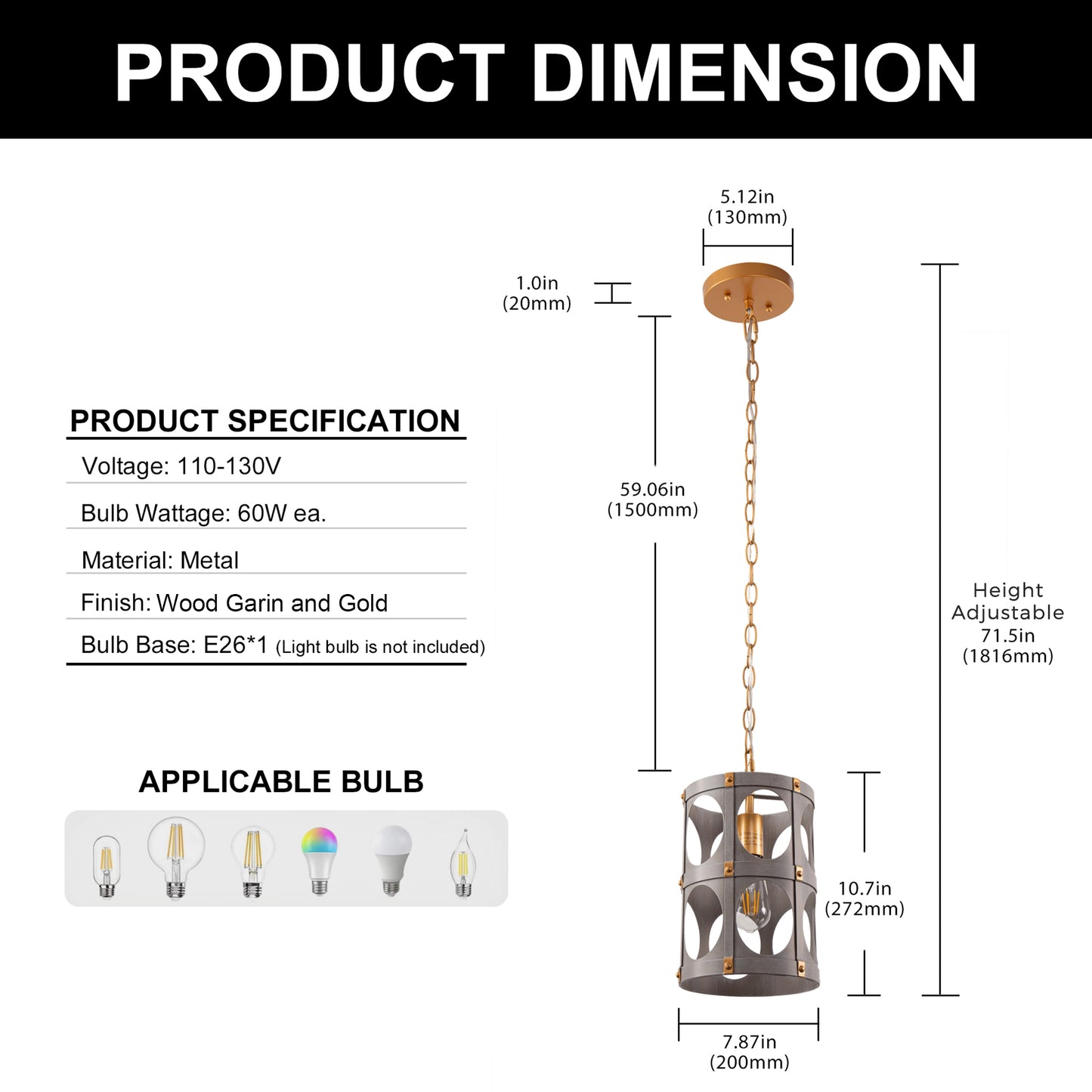 YANSUN 1-Light Wood Grain Pendant Light with Gold Rivet Accent Modern Hanging Ceiling Light E26 for Kitchen Dining Room Bedroom