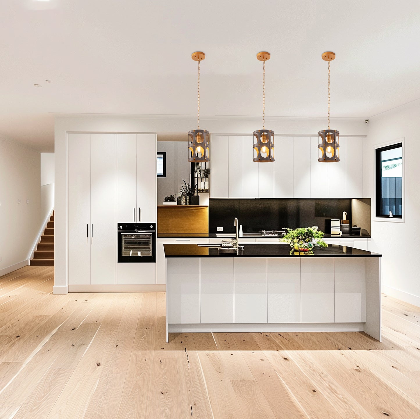 YANSUN 1-Light Wood Grain Pendant Light with Gold Rivet Accent Modern Hanging Ceiling Light E26 for Kitchen Dining Room Bedroom
