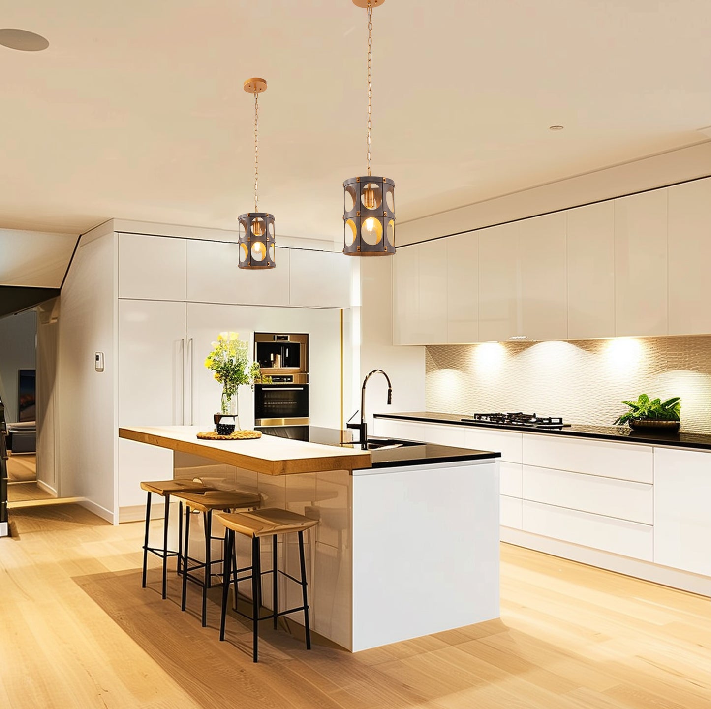 YANSUN 1-Light Wood Grain Pendant Light with Gold Rivet Accent Modern Hanging Ceiling Light E26 for Kitchen Dining Room Bedroom