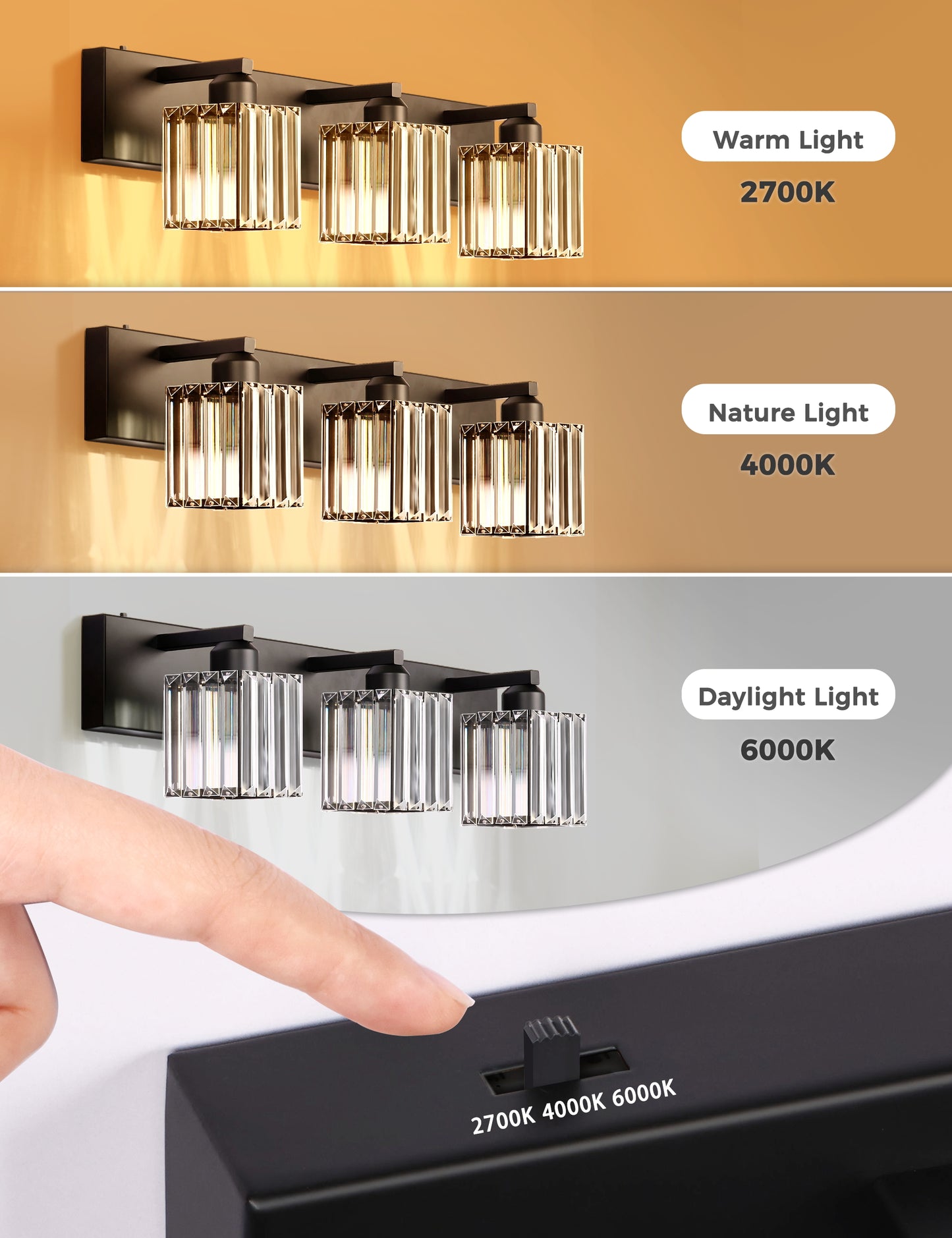 YANSUN Series 24 in. 3-Light Black LED Vanity Light Bar with Square Crystal and 3CCT Function