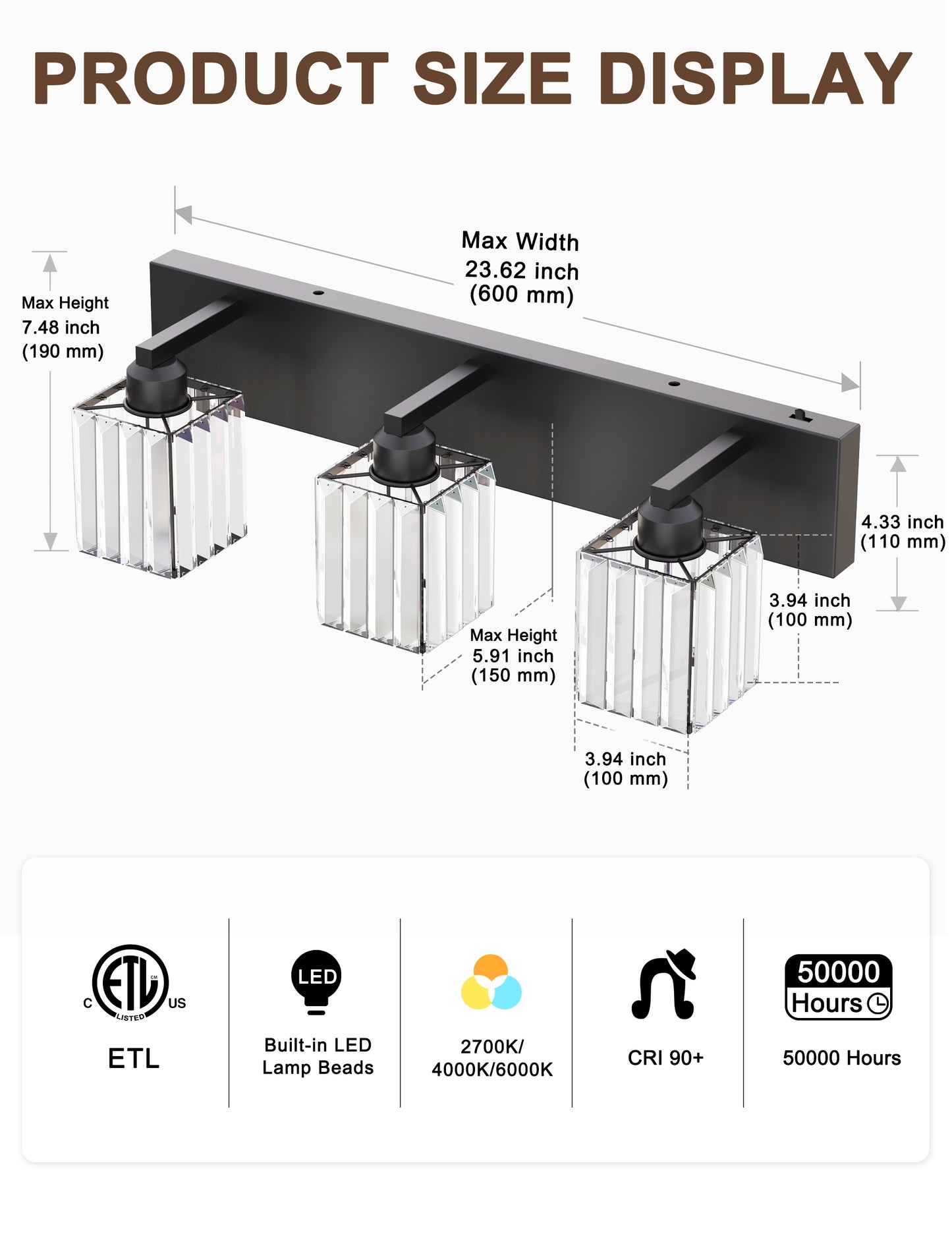YANSUN Series 24 in. 3-Light Black LED Vanity Light Bar with Square Crystal and 3CCT Function