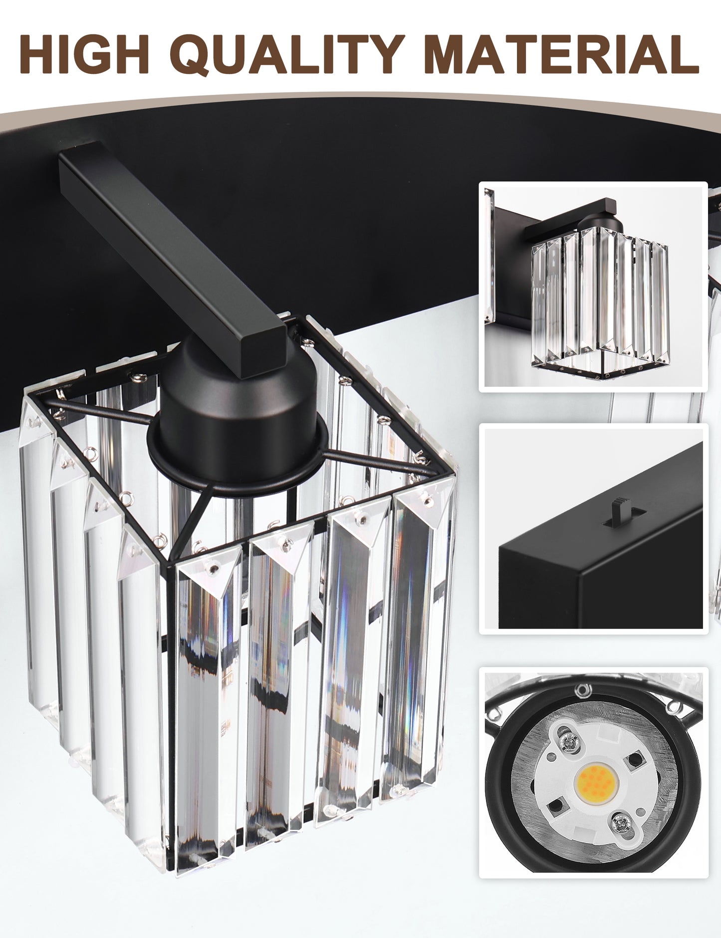 YANSUN Series 24 in. 3-Light Black LED Vanity Light Bar with Square Crystal and 3CCT Function