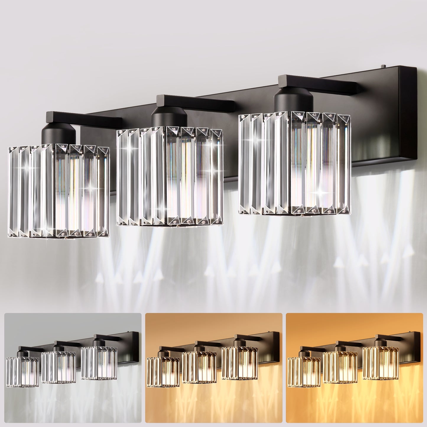 YANSUN 3-Light Vanity Light with Square Crystal Shades Black Integrated LED
