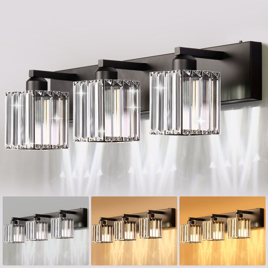 YANSUN 3-Light Vanity Light with Square Crystal Shades Black Integrated LED