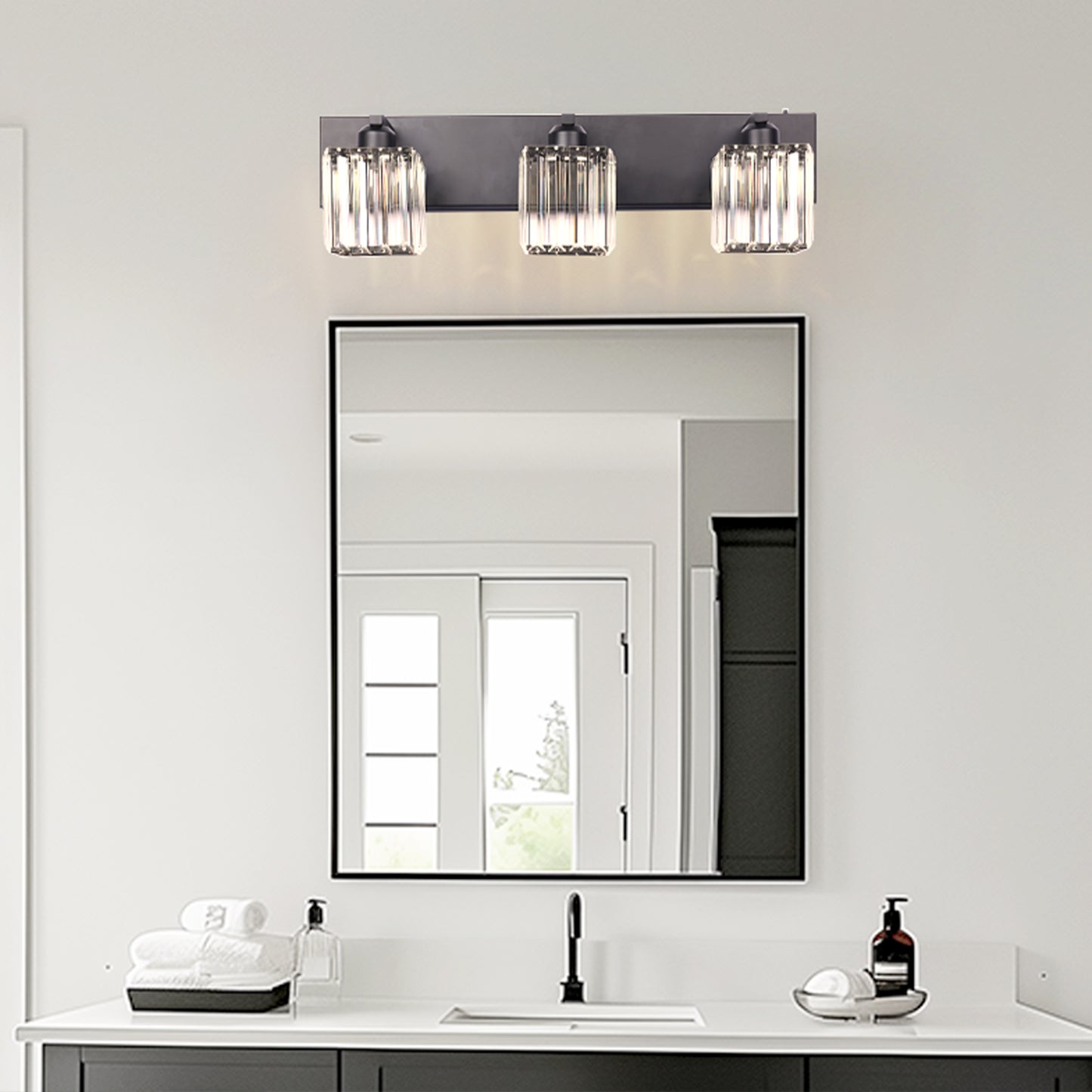 YANSUN 3-Light Vanity Light with Square Crystal Shades Black Integrated LED