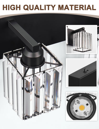 24 in. 3-Light Black Square Crystal Bathroom 3CCT Integrated LED Vanity Light Fixture